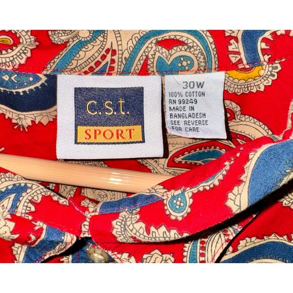 Vintage CST Sport Button Up Red Paisley Shirt Top Women's 30W Boho Retro Quirky - Picture 4 of 6